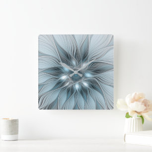 Reloj Cuadrado Flor abstracta alegre azul gris fractal floral