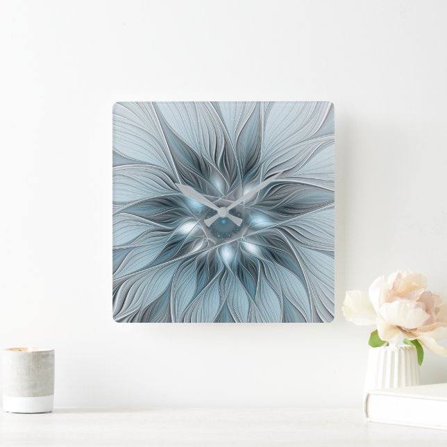 Reloj Cuadrado Flor abstracta alegre azul gris fractal floral (Hogar)