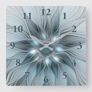Reloj Cuadrado Flor abstracta alegre azul gris fractal floral