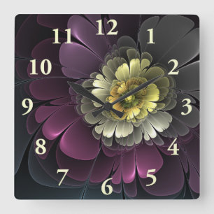 Reloj Cuadrado Flor abstracta moderna purpura gris khaki