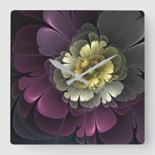Reloj Cuadrado Flor abstracta moderna purpura gris khaki