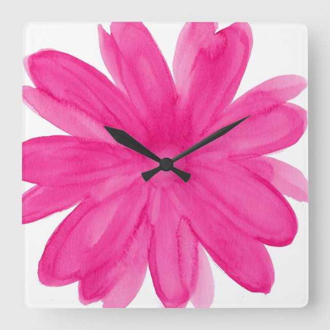 Reloj Cuadrado Flor acuática rosa caliente (Anverso)