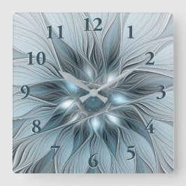 Reloj Cuadrado Flor alegre Abstracto Floral Gris azul Fractal