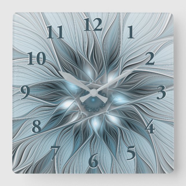 Reloj Cuadrado Flor alegre Abstracto Floral Gris azul Fractal (Anverso)