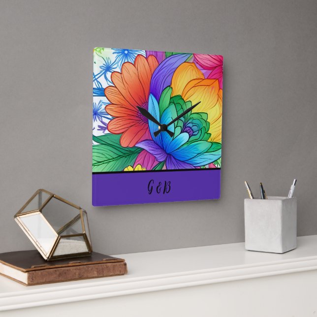 Reloj Cuadrado flor arco iris lgbtq (Oficina)