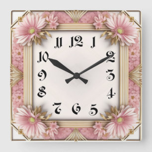 Reloj Cuadrado Flor Art Déco Rosa