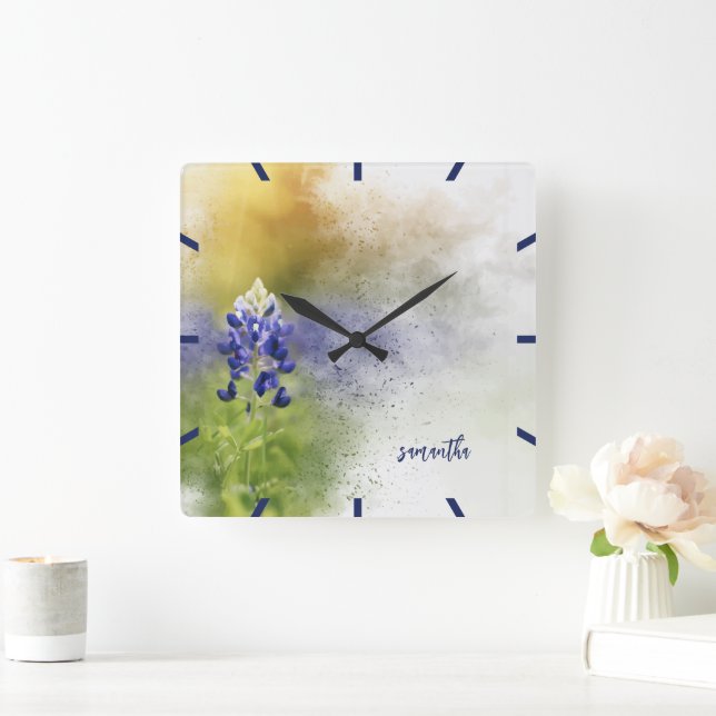 Reloj Cuadrado Flor azul explosiva acuarela (Hogar)