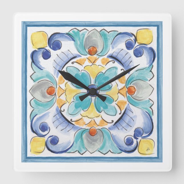 Reloj Cuadrado Flor azul y amarilla (Anverso)