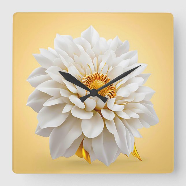 Reloj Cuadrado Flor Blanca 3D Decoración Elegante (Anverso)