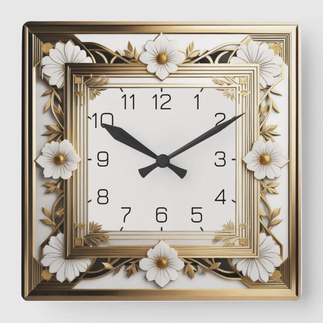 Reloj Cuadrado Flor blanca Art Deco (Anverso)