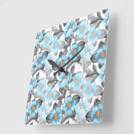 Reloj Cuadrado Flor de Acuarela Azul - Floral Botánico