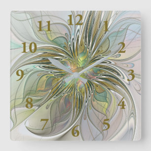 Reloj Cuadrado Flor De Arte Fractal Moderno Con Oro