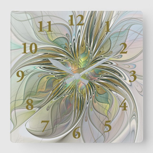 Reloj Cuadrado Flor De Arte Fractal Moderno Con Oro (Anverso)