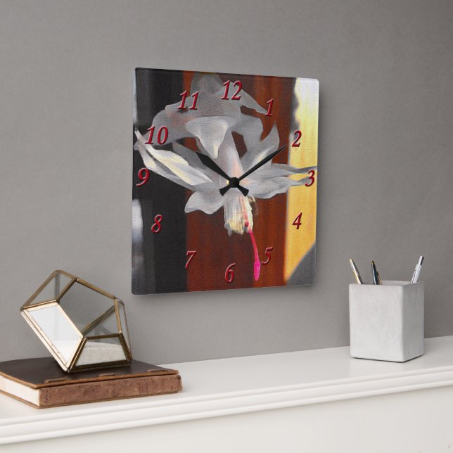 Reloj Cuadrado Flor de Cactus de Navidades Blancos que dobla (Oficina)