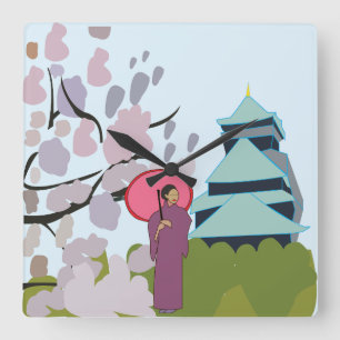Reloj Cuadrado Flor de Cerezo de Japón Geisha Kimono 