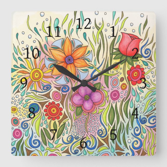 Reloj Cuadrado Flor de diseño de arte floral 12 (Anverso)