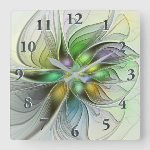 Reloj Cuadrado Flor de fantasía colorida Resumen moderno Fractal