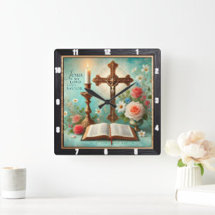 Reloj Cuadrado Flor de la Biblia Crucifix Candlelight