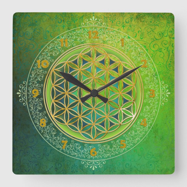 Reloj Cuadrado Flor de la vida - ornamento II (Anverso)