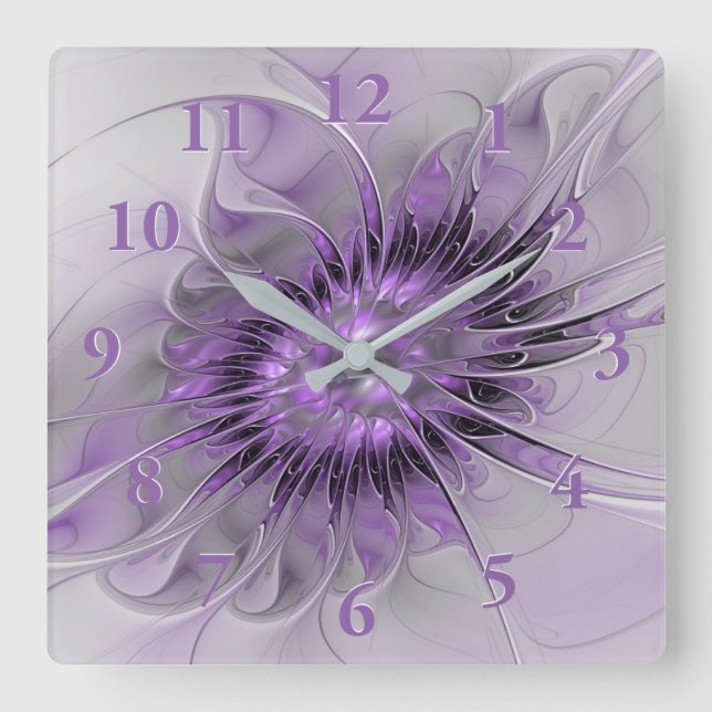 Reloj Cuadrado Flor de Lavanda Sueño Arte Fractal Resumen Moderno (Anverso)