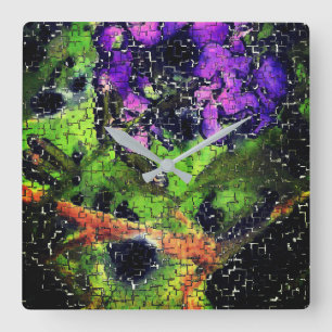 Reloj Cuadrado Flor de lino y hojas envejecidas en mosaico esculp