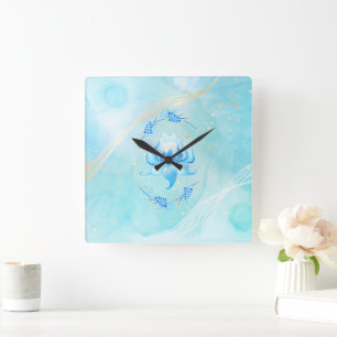 Reloj Cuadrado Flor de Loto Verde Azul Azure Bloom