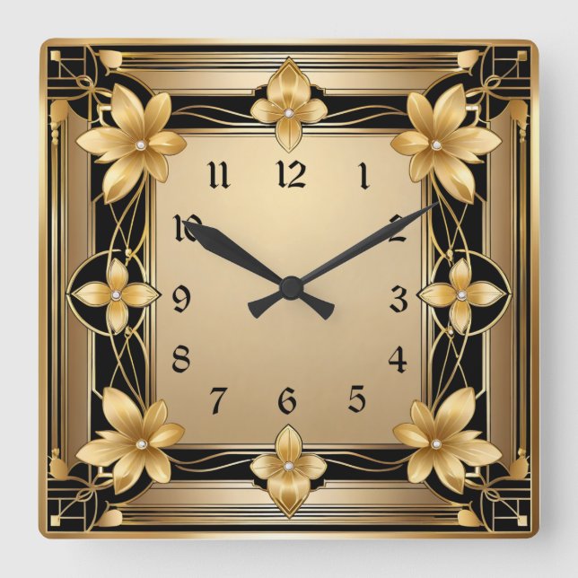 Reloj Cuadrado Flor de oro Art Deco (Anverso)