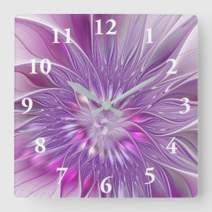 Reloj Cuadrado Flor de pasión fractal abstracta rosa púrpura