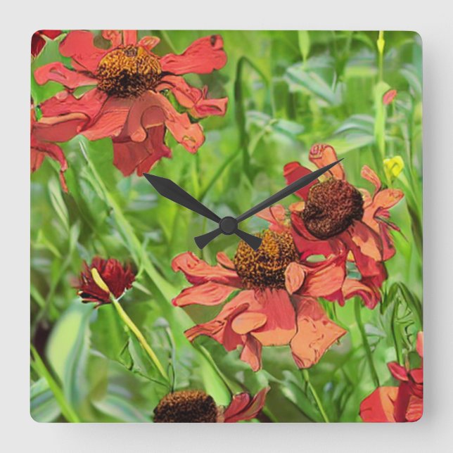 RELOJ CUADRADO FLOR DE RUDBECKIA ROJA (Anverso)