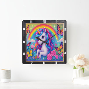 Reloj Cuadrado Flor de unicornio con arcoiris alegre