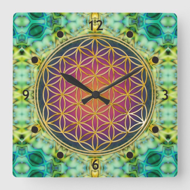 Reloj Cuadrado Flor De Vida - oro - fractal 2 (Anverso)