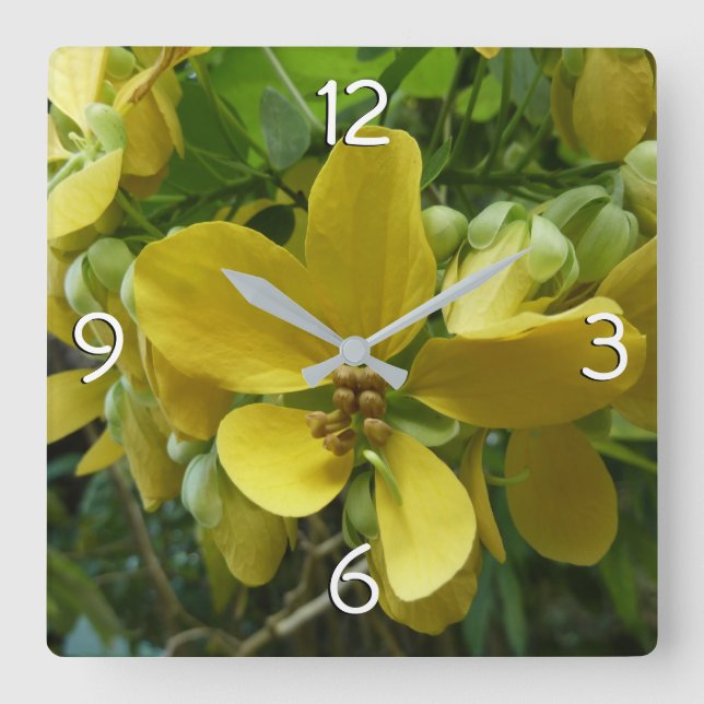 Reloj Cuadrado Flor dorada de árbol tropical amarillo (Anverso)