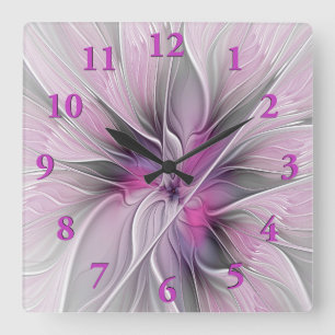 Reloj Cuadrado Flor Floral Fractal Moderno Abstracto Flor Gris ro