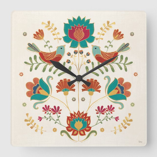 Reloj Cuadrado Flor Folclórica Con Aves (Anverso)
