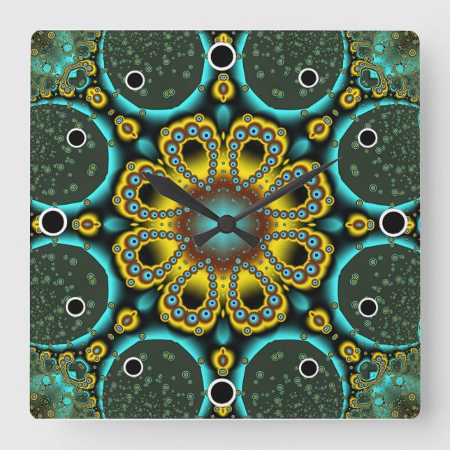 Reloj Cuadrado Flor fractal azul y dorada (Anverso)