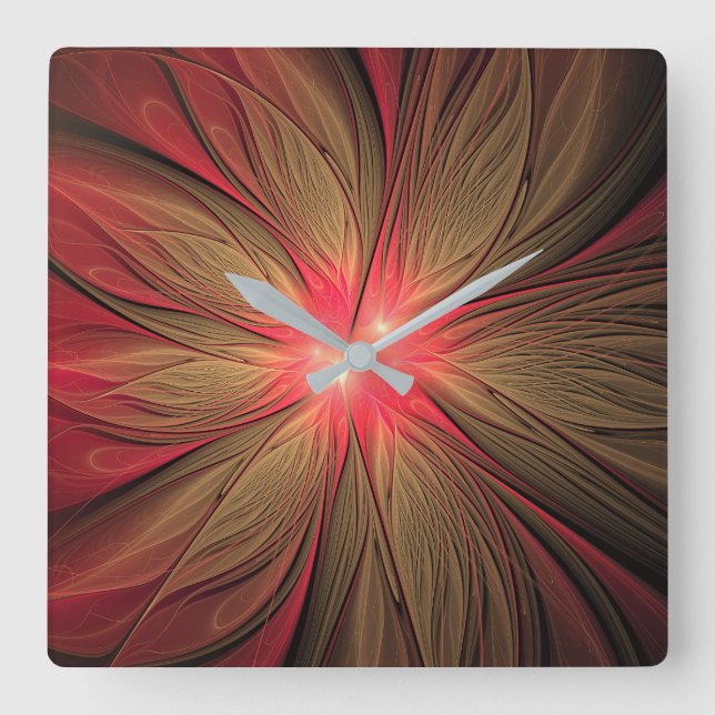 Reloj Cuadrado Flor fractal de fanatismo rojo (Anverso)