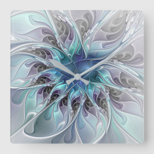 Reloj Cuadrado Flor Fractal Moderna Con Azul