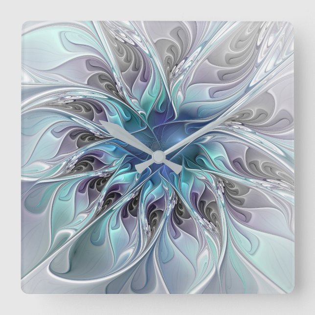 Reloj Cuadrado Flor Fractal Moderna Con Azul (Anverso)