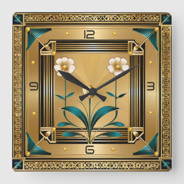 Reloj Cuadrado Flor Gold Art Deco (Anverso)