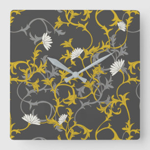Reloj Cuadrado Flor gris mostaza