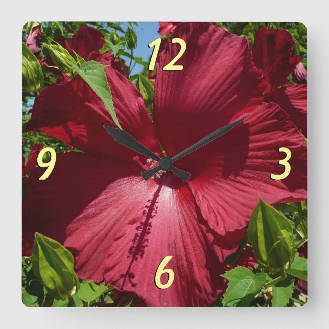 Reloj Cuadrado Flor hibiscus y cielo azul (Anverso)