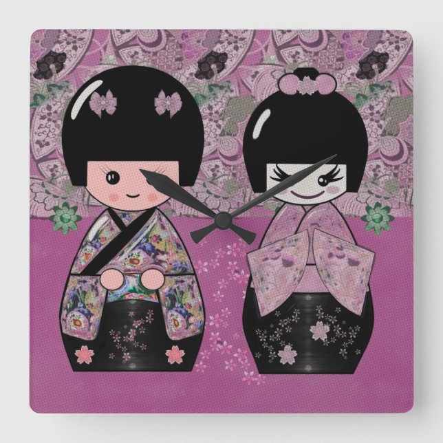 Reloj Cuadrado Flor Kokeshi (Anverso)