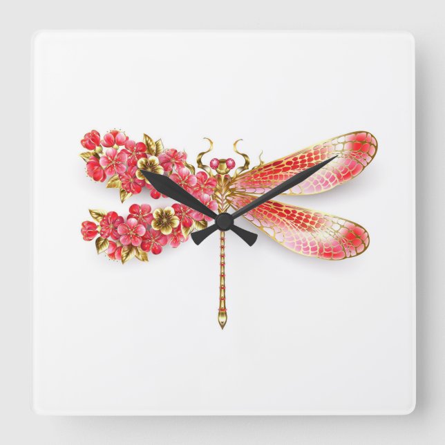 Reloj Cuadrado Flor libélula con sakura de joyas (Anverso)