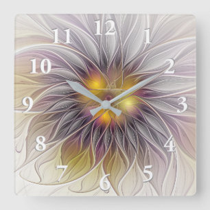 Reloj Cuadrado Flor Luminosa Colorida, Fractal Moderno Abstracto