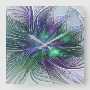 Reloj Cuadrado Flor Moderna Abstracta Fractal Verde Púrpura