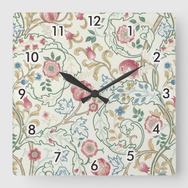 Reloj Cuadrado Flor, patrón floral, William Morris (Anverso)