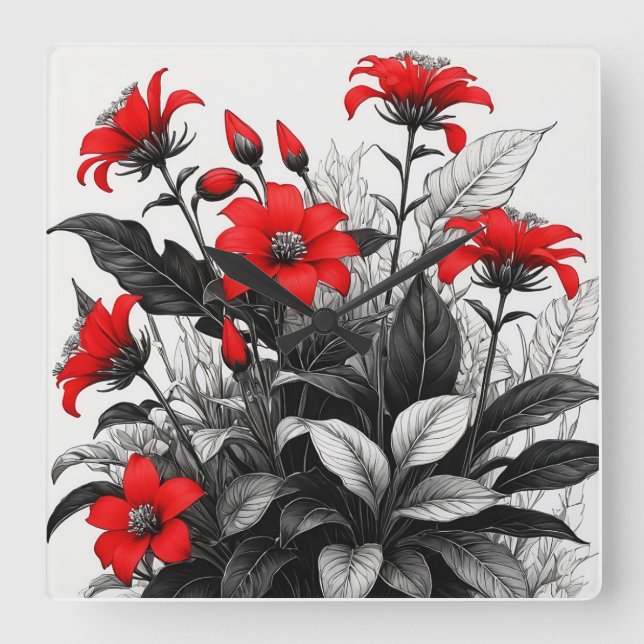 Reloj Cuadrado Flor Roja Sobre La Planta Blanca Negra (Anverso)