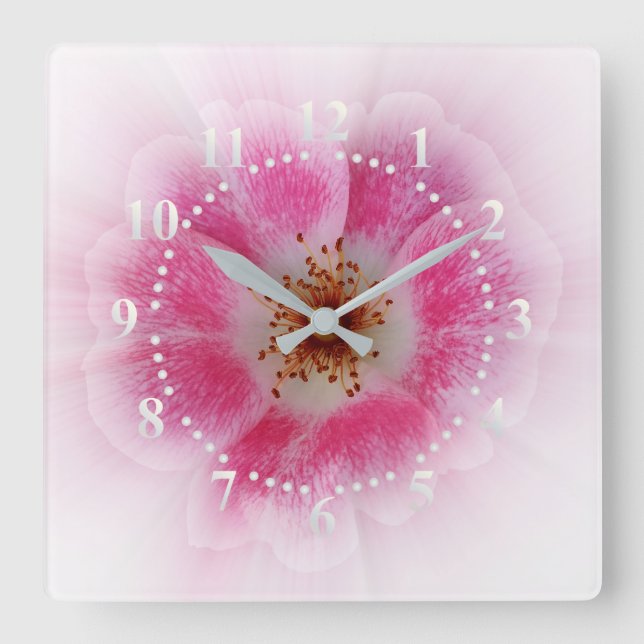 Reloj Cuadrado flor rosa brillante (Anverso)