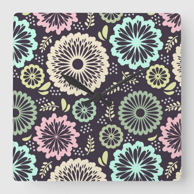 Reloj Cuadrado Flor rosa pastel suave y verde azulada Botánica de (Anverso)