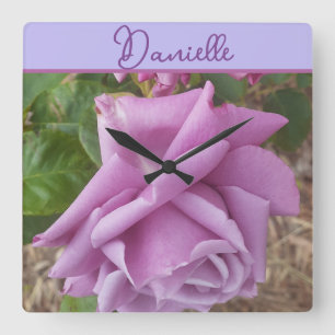 Reloj Cuadrado Flor Rosa Púrpura Nombre de Niña Cumpleaños